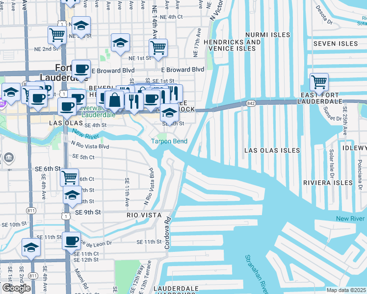 map of restaurants, bars, coffee shops, grocery stores, and more near 1700 Brickell Drive in Fort Lauderdale