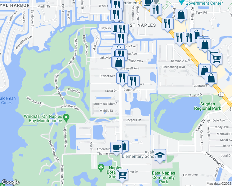 map of restaurants, bars, coffee shops, grocery stores, and more near 2860 Linda Drive in Naples