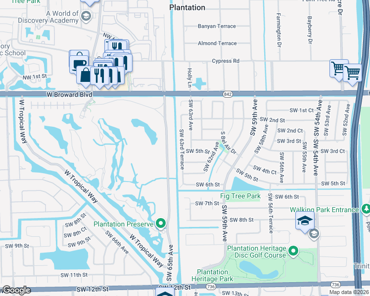 map of restaurants, bars, coffee shops, grocery stores, and more near 6341 Southwest 5th Street in Plantation
