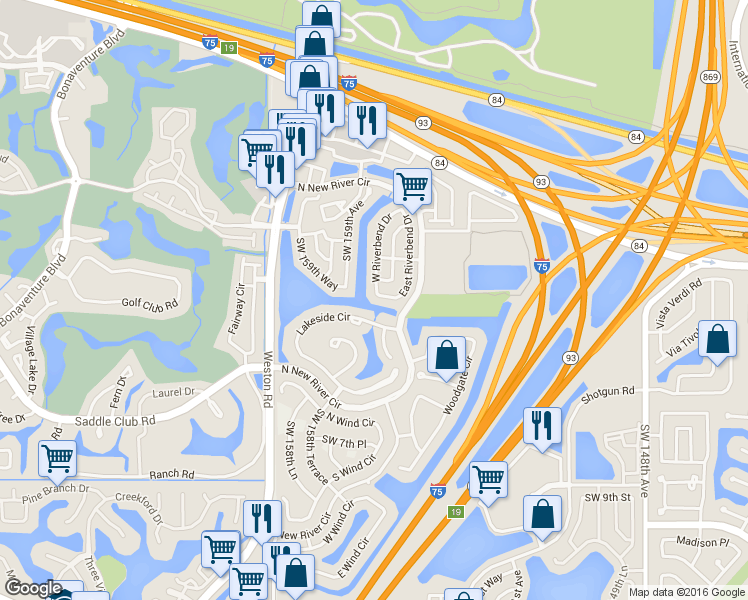 map of restaurants, bars, coffee shops, grocery stores, and more near 390 West Riverbend Drive in Sunrise