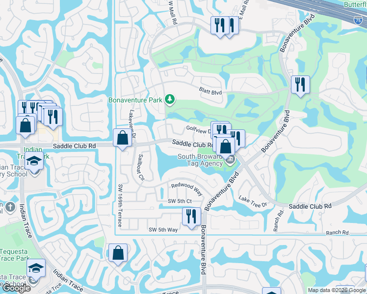 map of restaurants, bars, coffee shops, grocery stores, and more near 16750 Harbor Court in Weston
