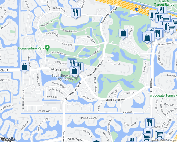 map of restaurants, bars, coffee shops, grocery stores, and more near 301 Bonaventure Boulevard in Weston