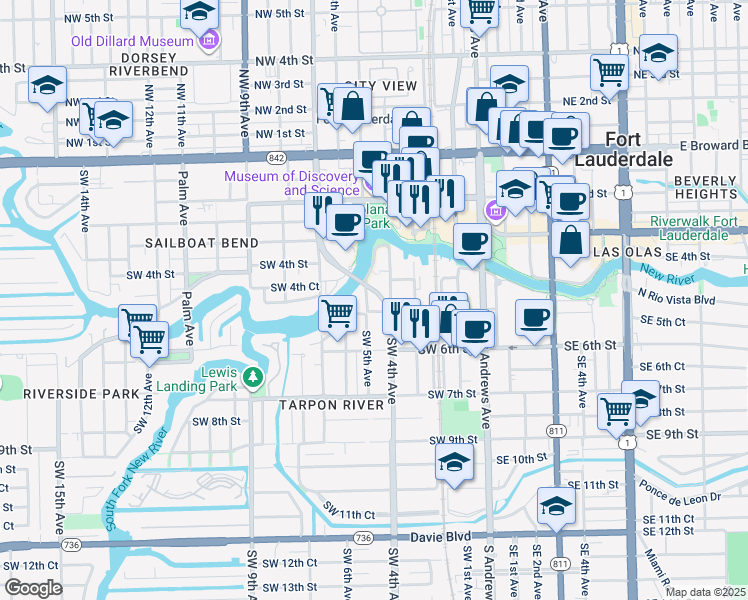 map of restaurants, bars, coffee shops, grocery stores, and more near 464 Southwest 5th Avenue in Fort Lauderdale