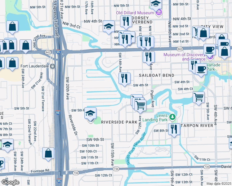 map of restaurants, bars, coffee shops, grocery stores, and more near 1513 Southwest 5th Street in Fort Lauderdale