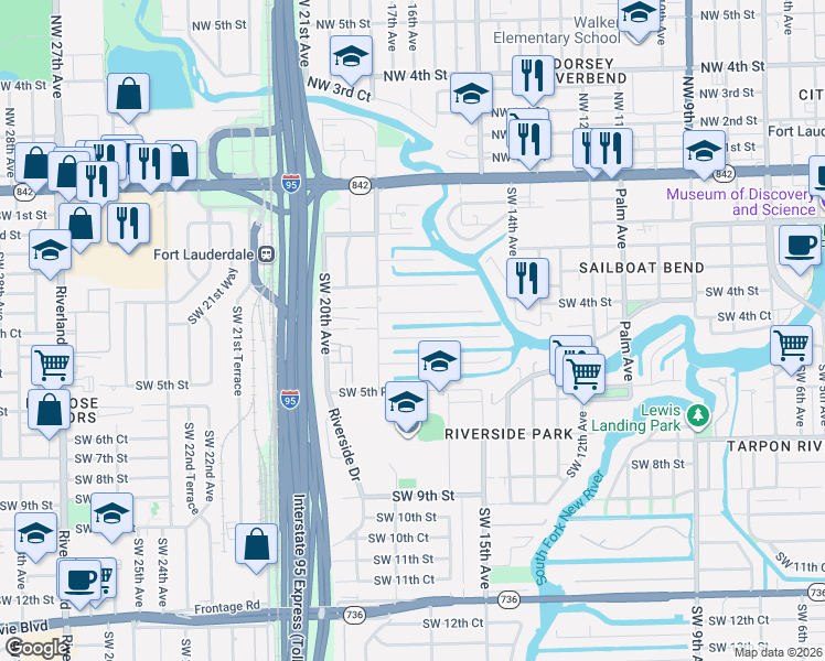 map of restaurants, bars, coffee shops, grocery stores, and more near 1717 Southwest 5th Street in Fort Lauderdale
