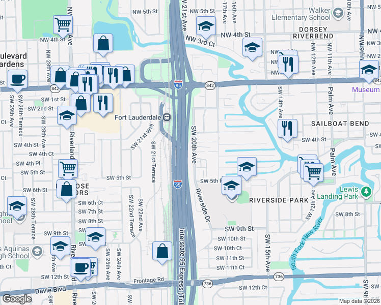 map of restaurants, bars, coffee shops, grocery stores, and more near 1992 Southwest 5th Street in Fort Lauderdale