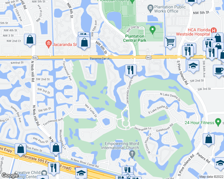 map of restaurants, bars, coffee shops, grocery stores, and more near 224 Wimbledon Lakes Drive in Plantation