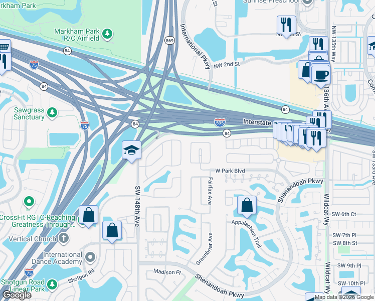 map of restaurants, bars, coffee shops, grocery stores, and more near 313 Royal Cove Way in Davie
