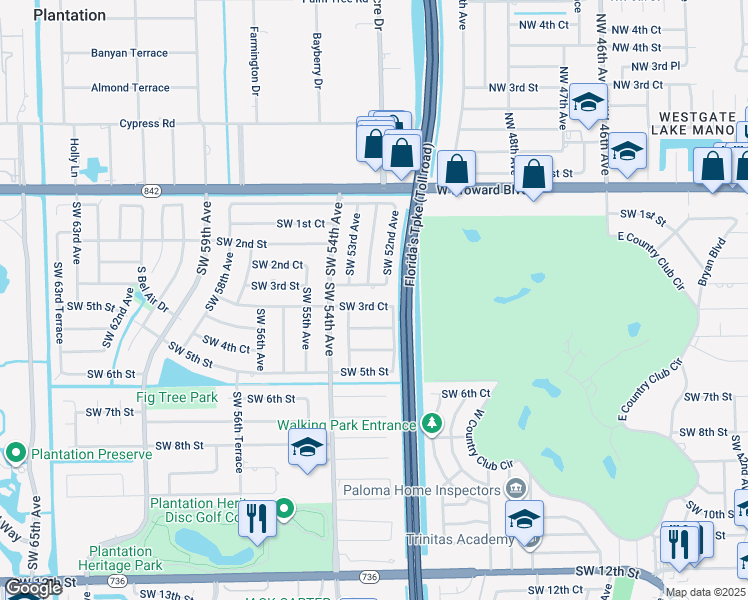 map of restaurants, bars, coffee shops, grocery stores, and more near 5241 Southwest 3rd Court in Plantation