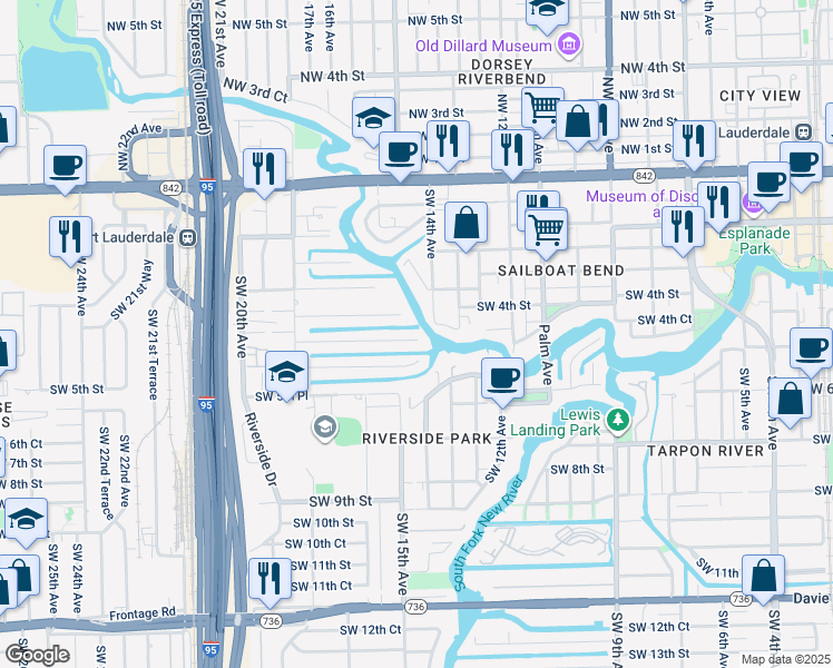 map of restaurants, bars, coffee shops, grocery stores, and more near 1513 Southwest 5th Street in Fort Lauderdale