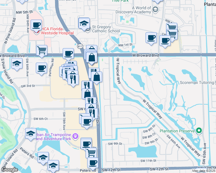 map of restaurants, bars, coffee shops, grocery stores, and more near 280 Southwest 75th Avenue in Plantation