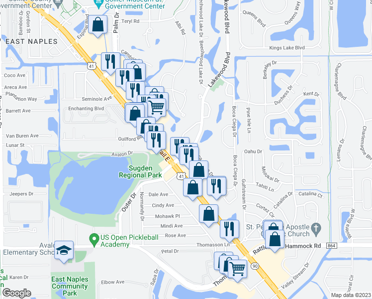 map of restaurants, bars, coffee shops, grocery stores, and more near 3760 Estero Bay Lane in Naples
