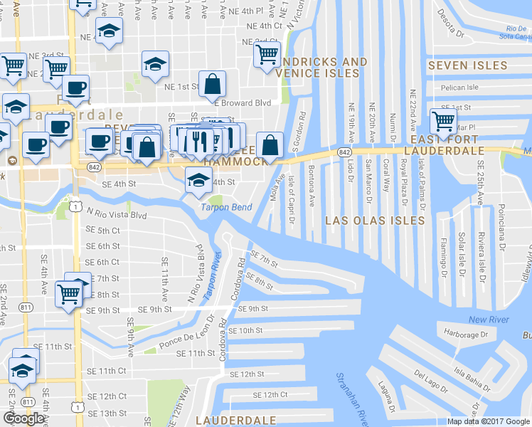 map of restaurants, bars, coffee shops, grocery stores, and more near 505 Mola Avenue in Fort Lauderdale