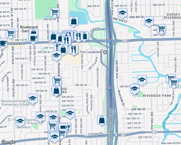 map of restaurants, bars, coffee shops, grocery stores, and more near 407 Southwest 22nd Avenue in Fort Lauderdale