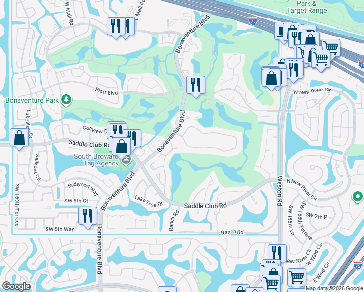map of restaurants, bars, coffee shops, grocery stores, and more near 348 Patio Village Terrace in Weston