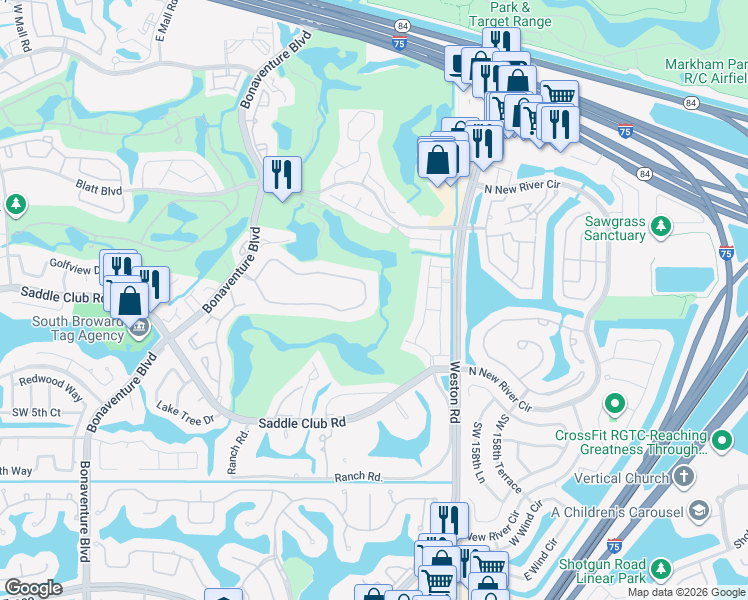 map of restaurants, bars, coffee shops, grocery stores, and more near 16100 Golf Club Road in Weston