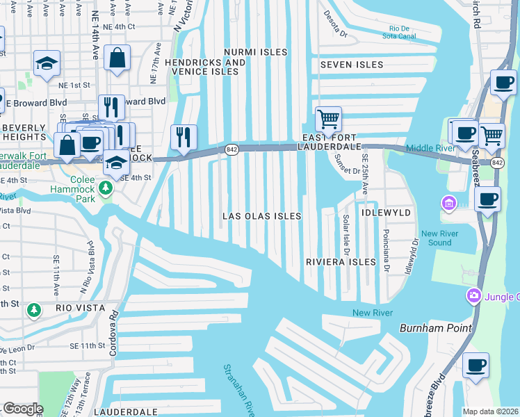 map of restaurants, bars, coffee shops, grocery stores, and more near 521 San Marco Drive in Fort Lauderdale