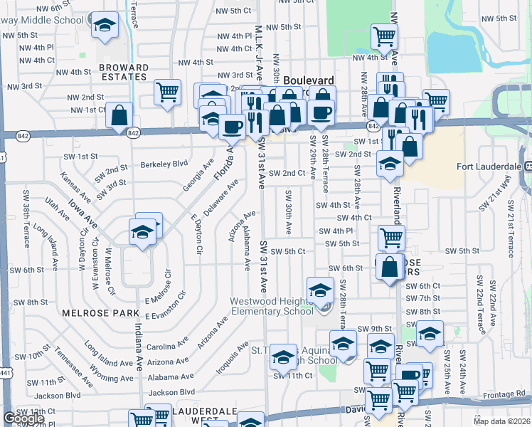 map of restaurants, bars, coffee shops, grocery stores, and more near 411 Southwest 30th Terrace in Fort Lauderdale