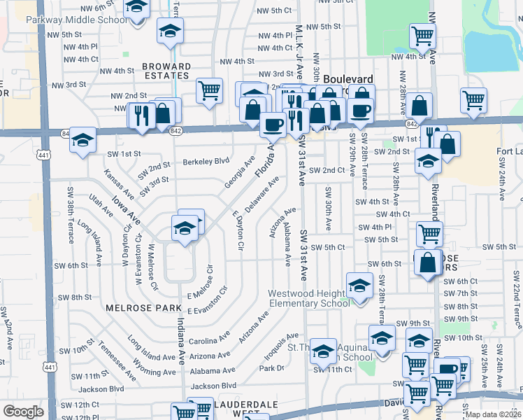 map of restaurants, bars, coffee shops, grocery stores, and more near 401 Carolina Ave in Fort Lauderdale