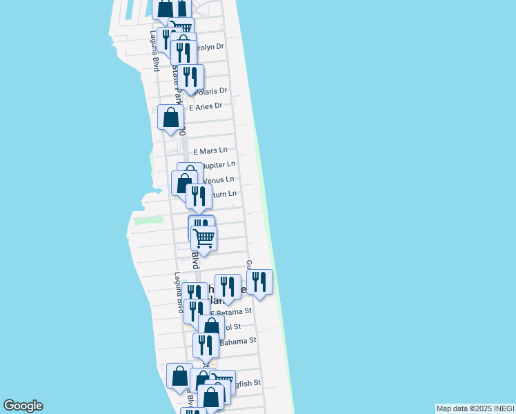 map of restaurants, bars, coffee shops, grocery stores, and more near 4300 Gulf Boulevard in South Padre Island