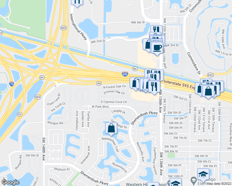 map of restaurants, bars, coffee shops, grocery stores, and more near 14016 South Forest Oak Circle in Davie