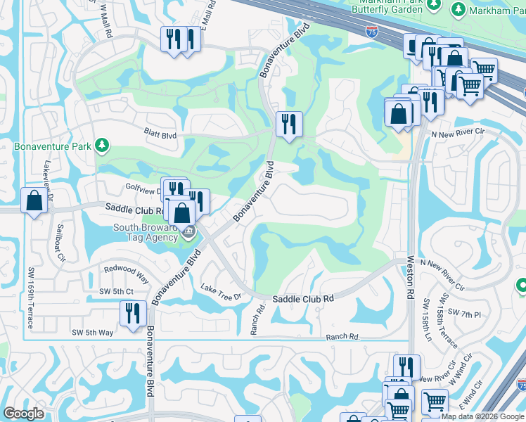 map of restaurants, bars, coffee shops, grocery stores, and more near 348 Patio Village Terrace in Weston