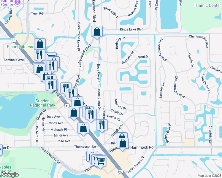 map of restaurants, bars, coffee shops, grocery stores, and more near 4821 Oahu Drive in Naples