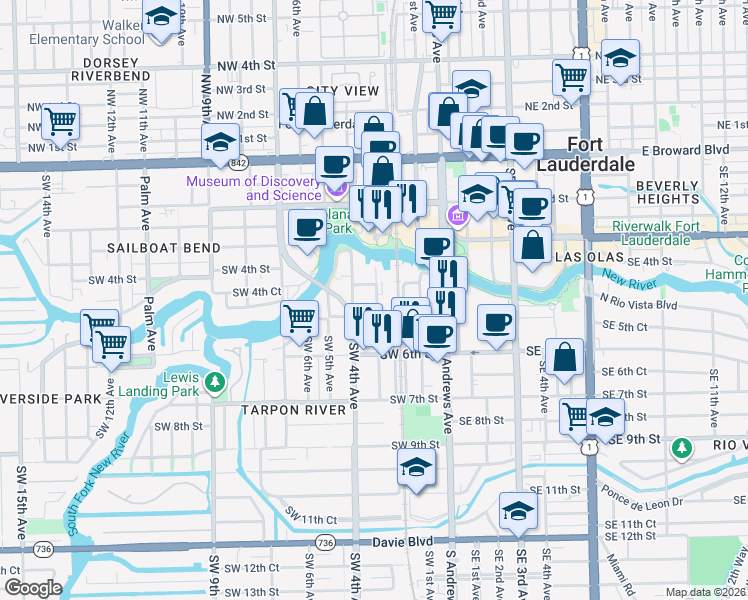 map of restaurants, bars, coffee shops, grocery stores, and more near 451 Southwest 3rd Avenue in Fort Lauderdale