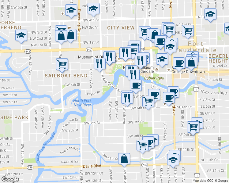 map of restaurants, bars, coffee shops, grocery stores, and more near 464 Southwest 5th Avenue in Fort Lauderdale