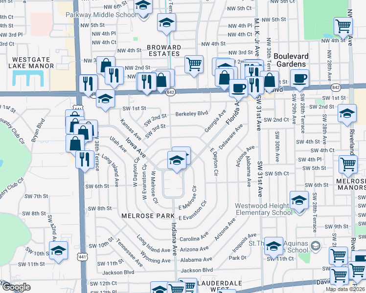 map of restaurants, bars, coffee shops, grocery stores, and more near 413 East Evanston Circle in Fort Lauderdale