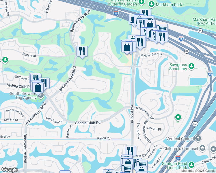map of restaurants, bars, coffee shops, grocery stores, and more near 16100 Golf Club Road in Weston