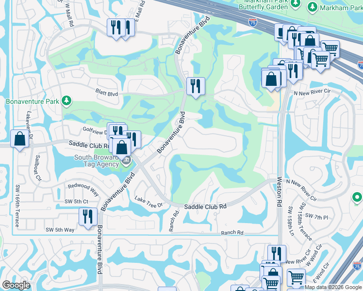 map of restaurants, bars, coffee shops, grocery stores, and more near 348 Patio Village Terrace in Weston
