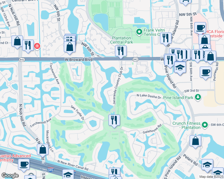 map of restaurants, bars, coffee shops, grocery stores, and more near 313 Jacaranda Drive in Plantation