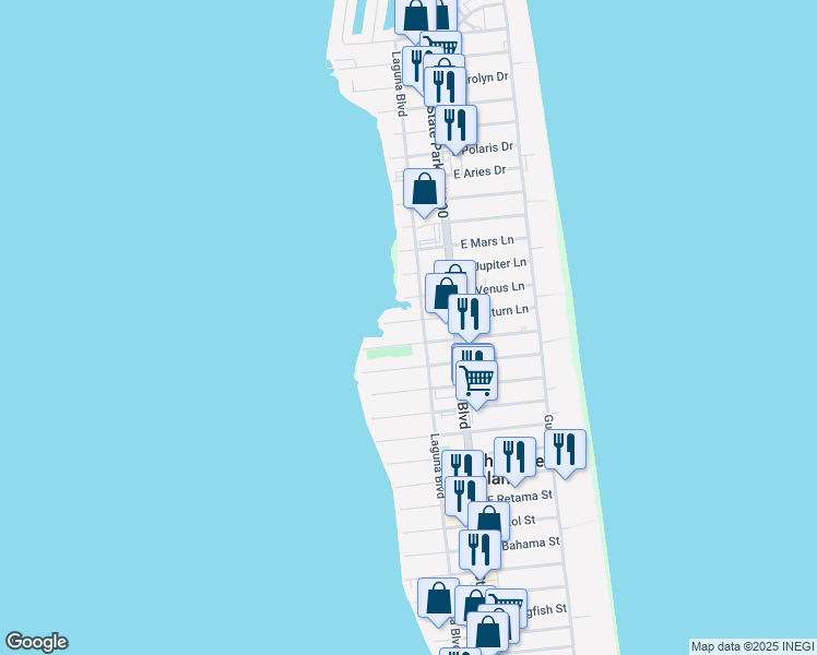 map of restaurants, bars, coffee shops, grocery stores, and more near 210 West Saturn Lane in South Padre Island