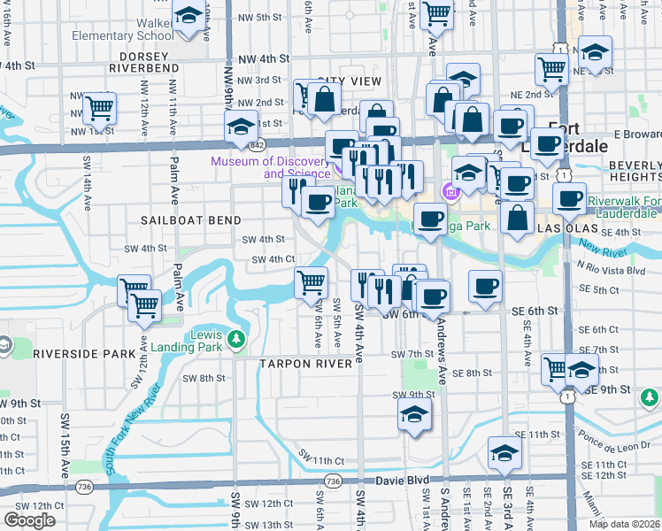 map of restaurants, bars, coffee shops, grocery stores, and more near 464 Southwest 5th Avenue in Fort Lauderdale