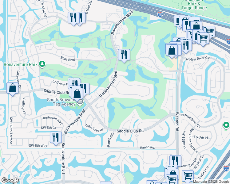 map of restaurants, bars, coffee shops, grocery stores, and more near 348 Patio Village Terrace in Weston