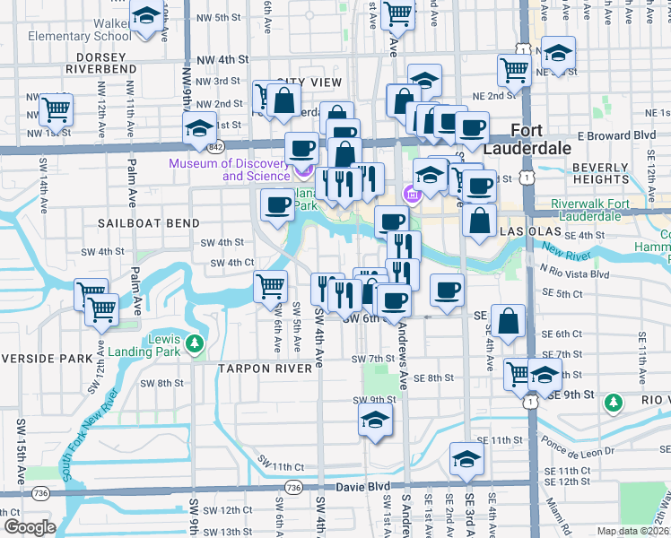 map of restaurants, bars, coffee shops, grocery stores, and more near 451 Southwest 3rd Avenue in Fort Lauderdale