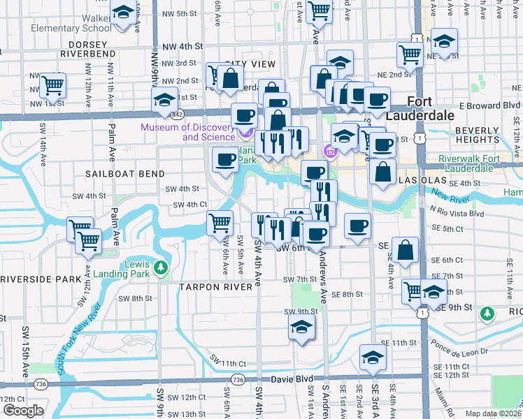 map of restaurants, bars, coffee shops, grocery stores, and more near 451 Southwest 3rd Avenue in Fort Lauderdale