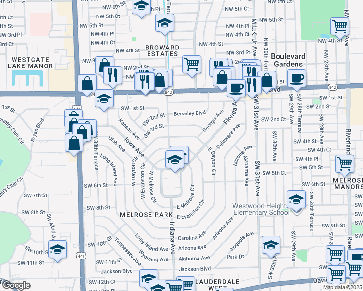 map of restaurants, bars, coffee shops, grocery stores, and more near 413 East Evanston Circle in Fort Lauderdale