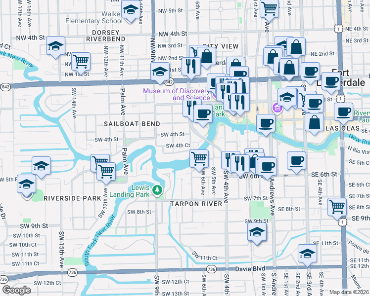 map of restaurants, bars, coffee shops, grocery stores, and more near 725 Bryan Place in Fort Lauderdale