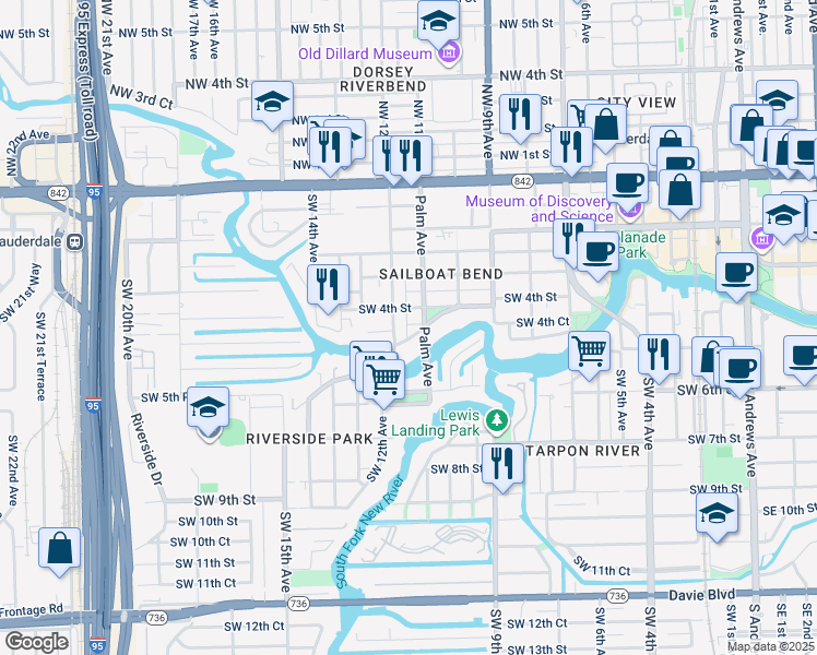 map of restaurants, bars, coffee shops, grocery stores, and more near 1125 Waverly Road in Fort Lauderdale