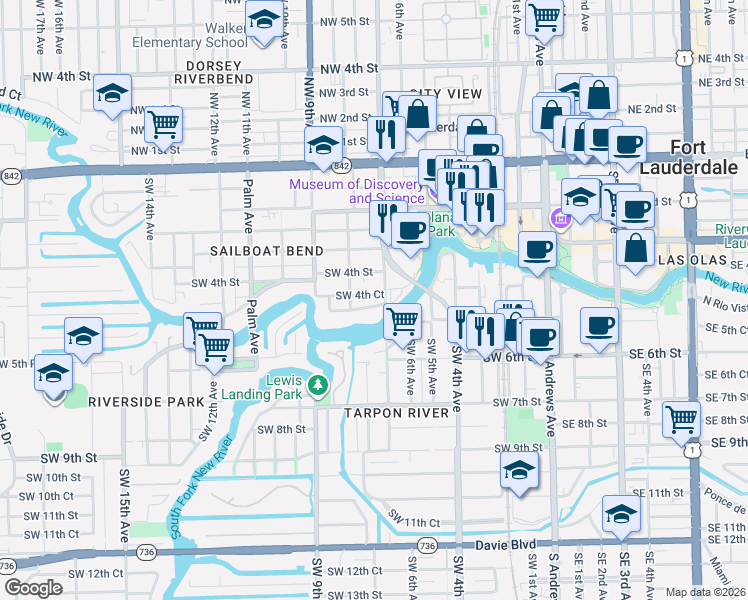map of restaurants, bars, coffee shops, grocery stores, and more near 725 Bryan Place in Fort Lauderdale