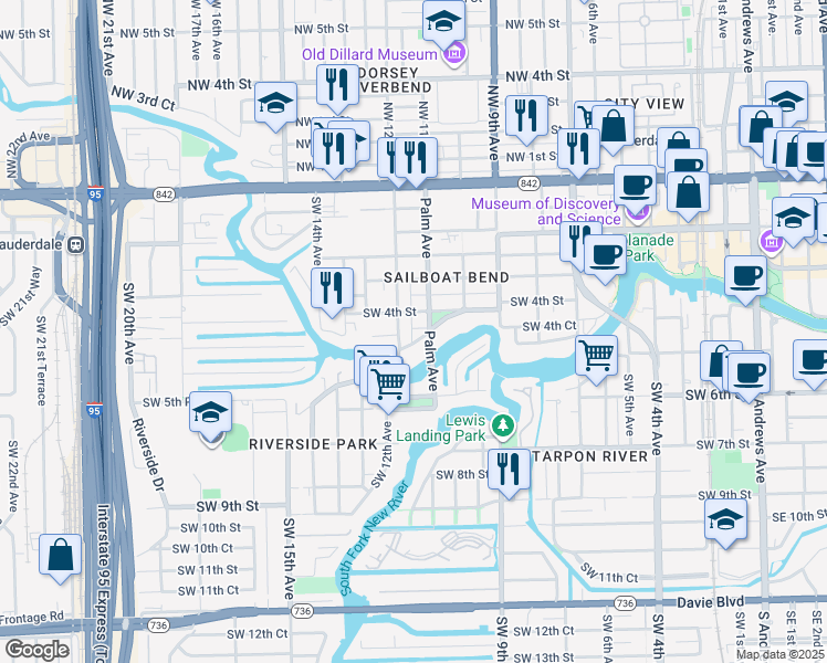 map of restaurants, bars, coffee shops, grocery stores, and more near 1125 Waverly Road in Fort Lauderdale