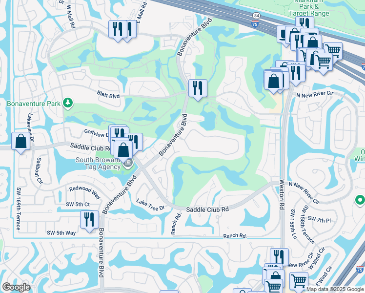map of restaurants, bars, coffee shops, grocery stores, and more near 348 Patio Village Terrace in Weston