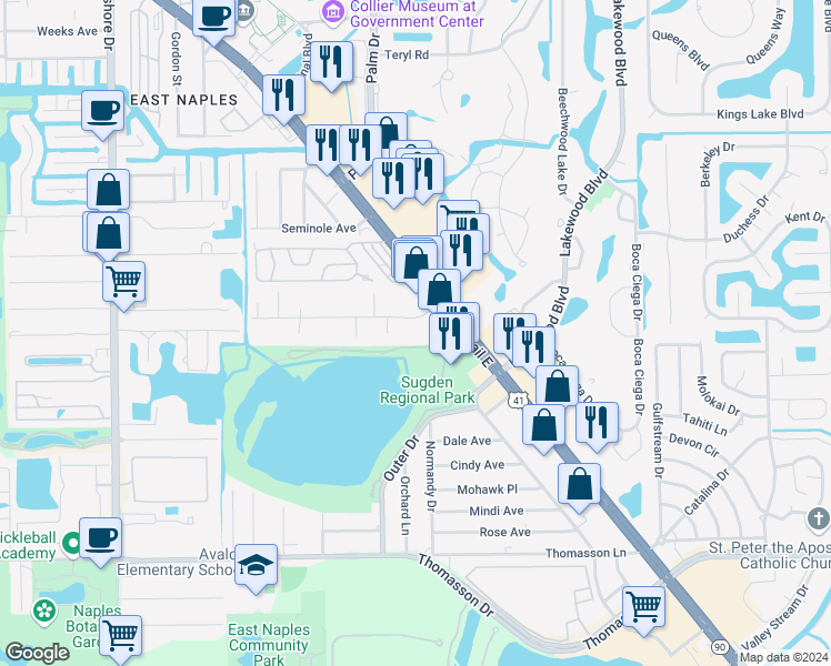 map of restaurants, bars, coffee shops, grocery stores, and more near 4284 Avalon Drive in Naples