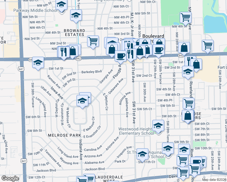 map of restaurants, bars, coffee shops, grocery stores, and more near 401 Carolina Avenue in Fort Lauderdale