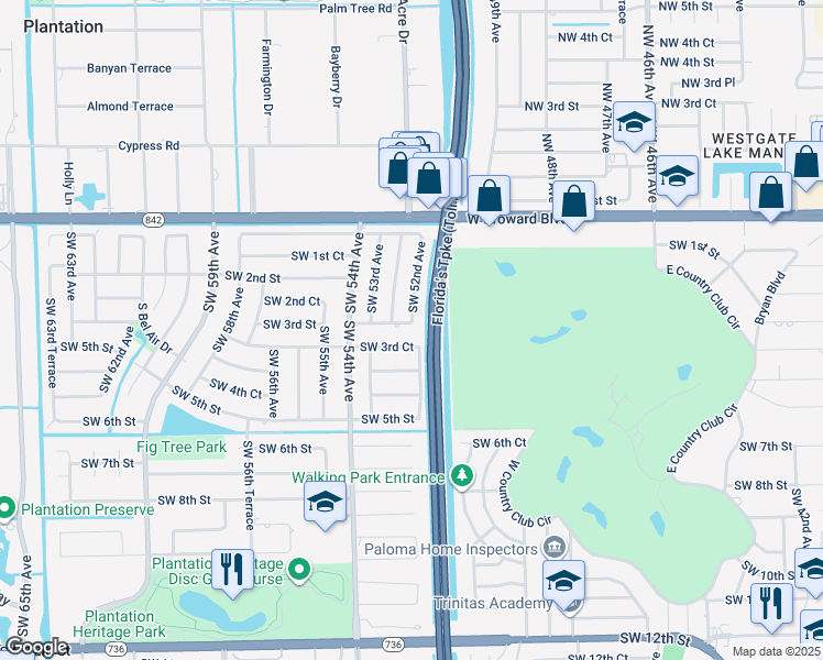 map of restaurants, bars, coffee shops, grocery stores, and more near 5241 Southwest 3rd Court in Plantation