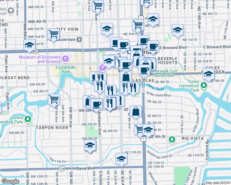 map of restaurants, bars, coffee shops, grocery stores, and more near 21 Riverwalk South in Fort Lauderdale