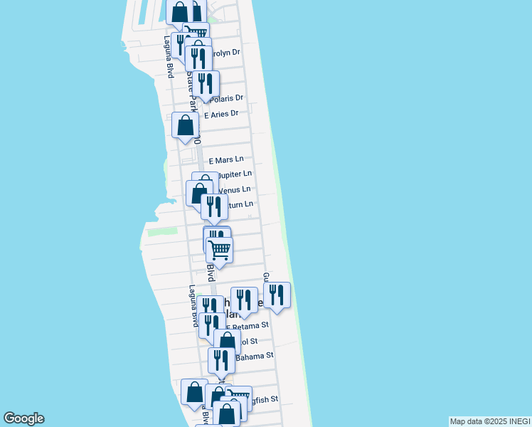 map of restaurants, bars, coffee shops, grocery stores, and more near 4312 Gulf Boulevard in South Padre Island