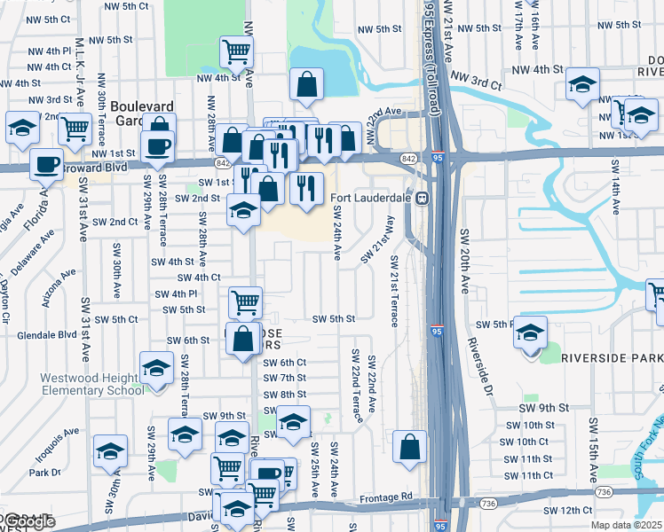 map of restaurants, bars, coffee shops, grocery stores, and more near 404 Southwest 24th Avenue in Fort Lauderdale